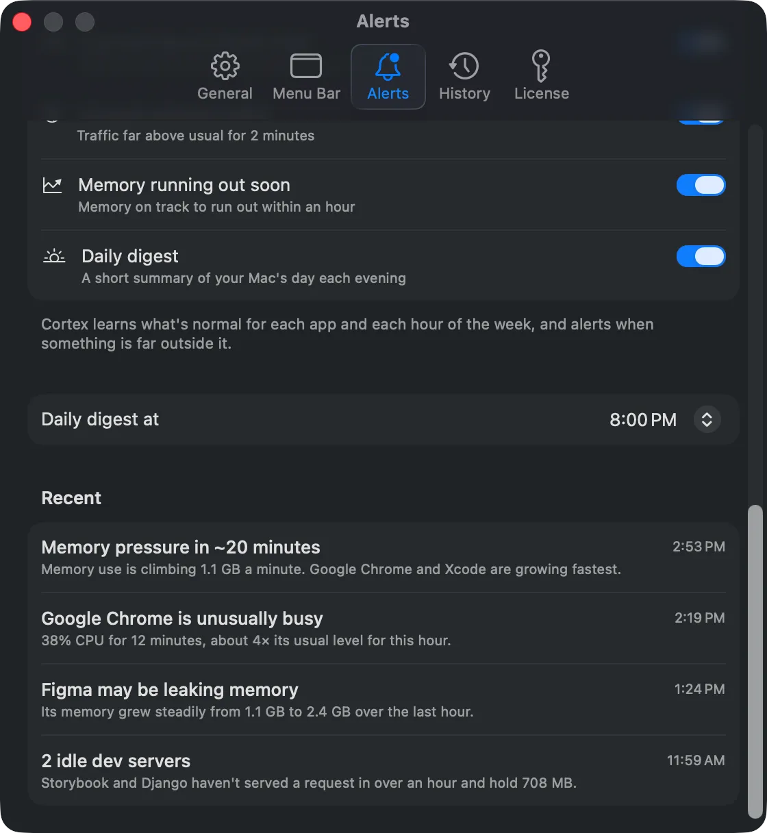 A Cortex notification warning that an app has used high CPU for 20 minutes.