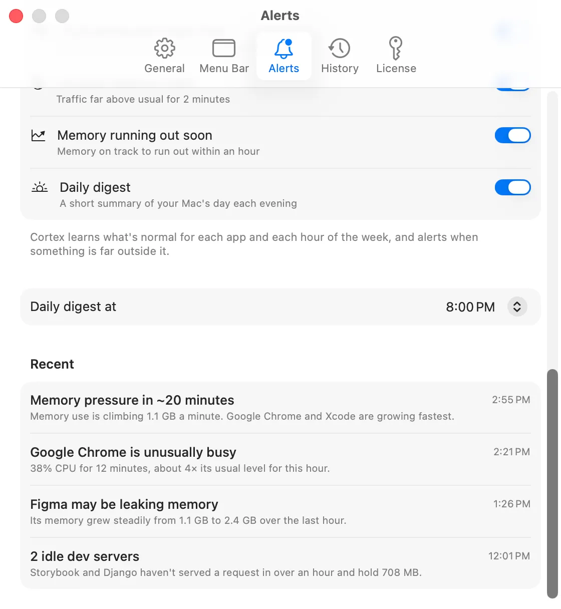 A Cortex notification warning that an app has used high CPU for 20 minutes.