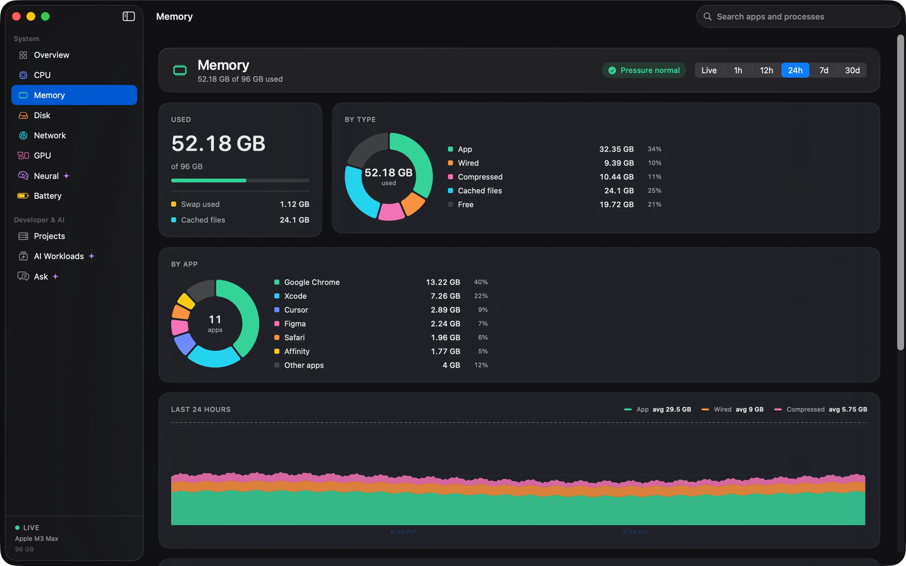 The Cortex memory screen showing memory pressure, swap use and a breakdown by type.