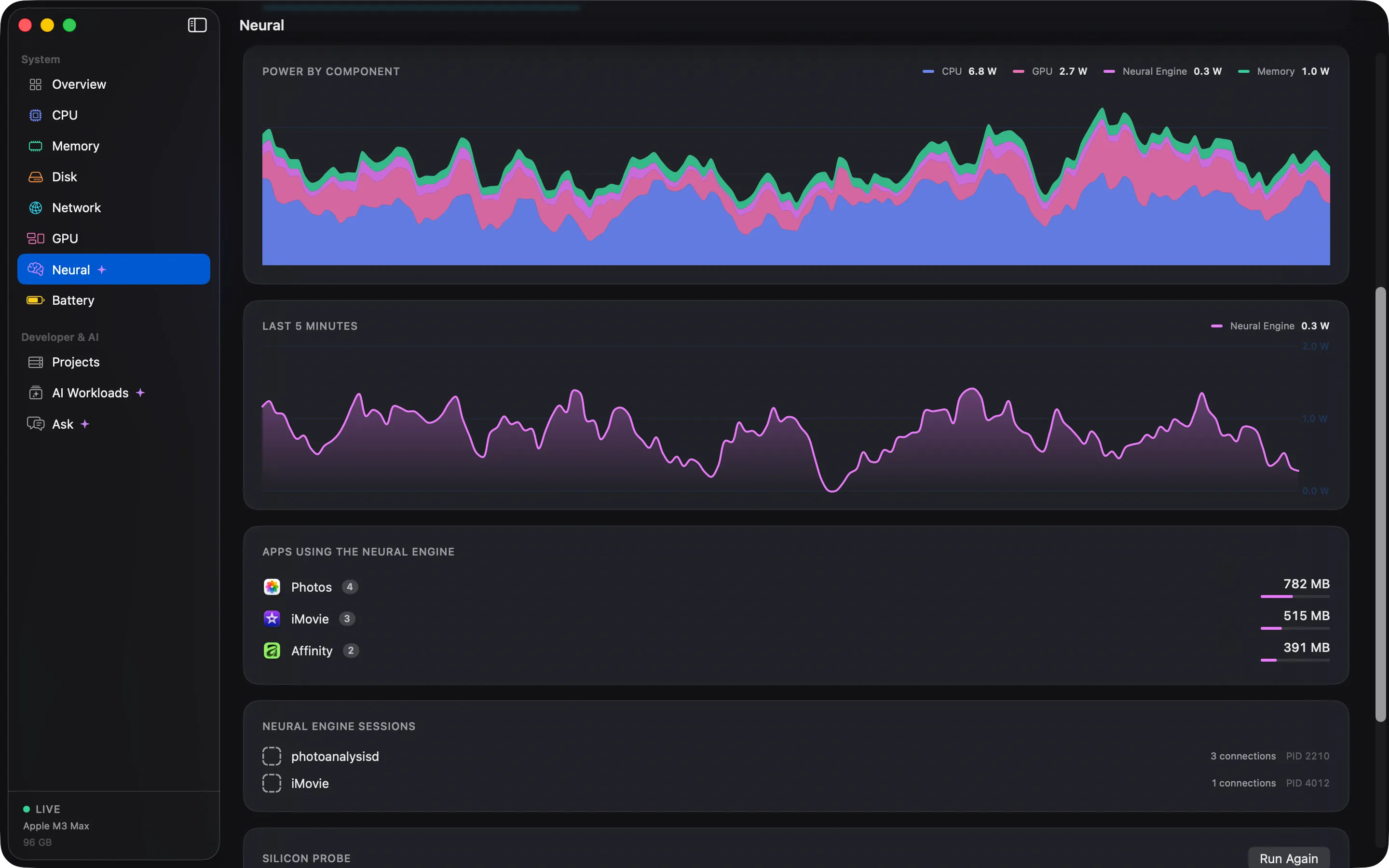 The Cortex Neural Engine screen with a stacked power chart for CPU, GPU, Neural Engine and DRAM.