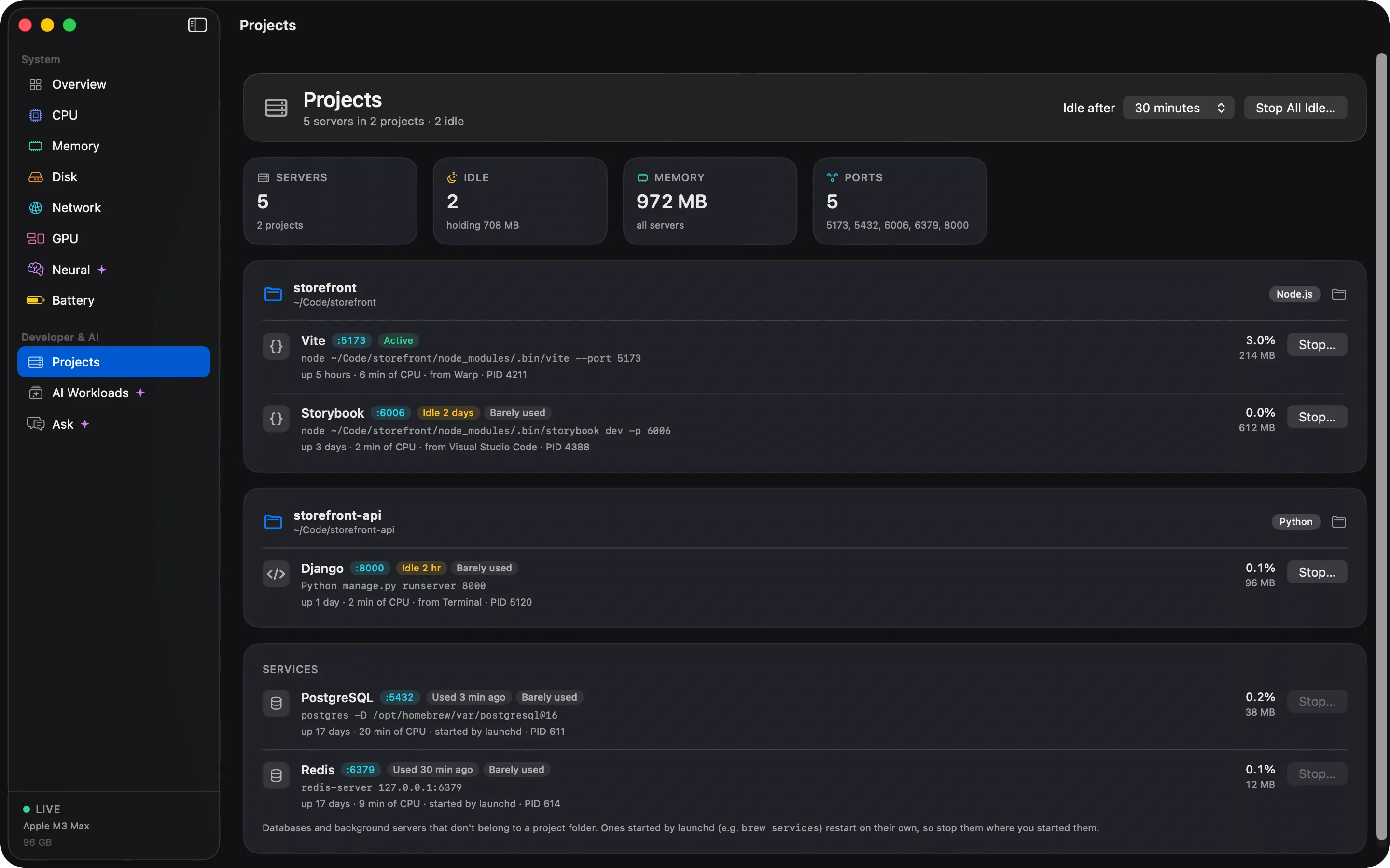 The Cortex Projects screen listing dev servers grouped by project, with their ports and uptime.